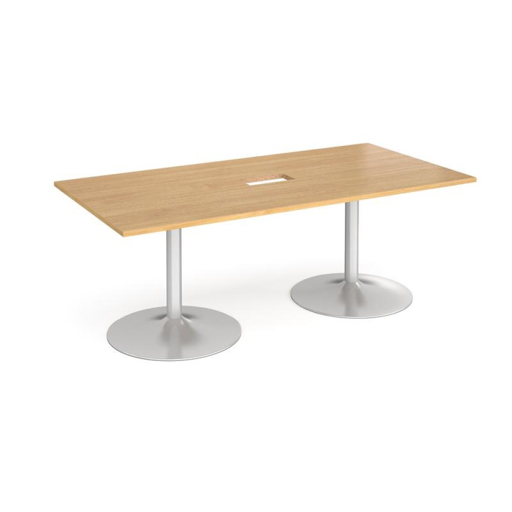 Trumpet base rectangular boardroom table 2000mm x 1000mm with central cutout 272mm x 132mm - silver base, oak top