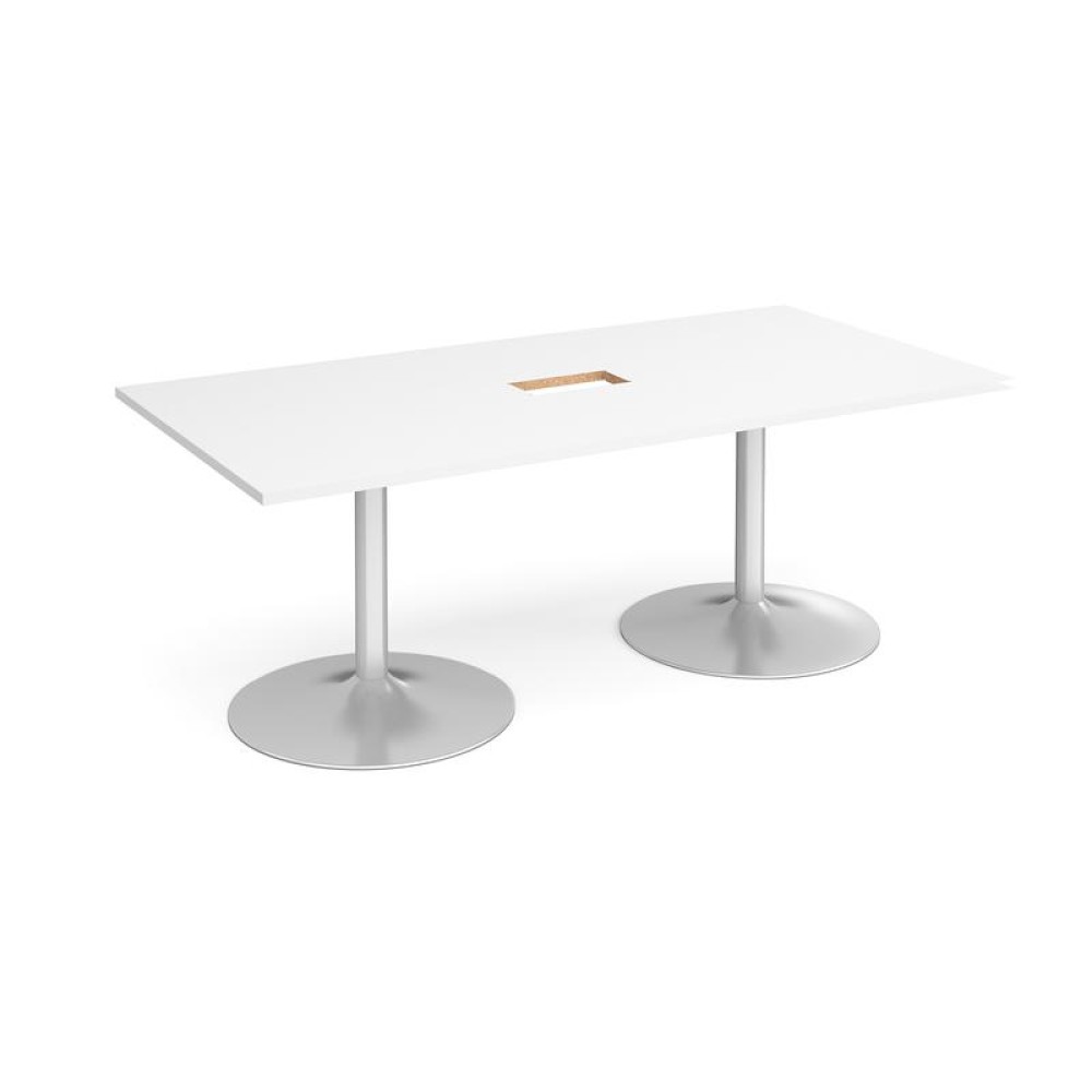 Trumpet base rectangular boardroom table 2000mm x 1000mm with central cutout 272mm x 132mm - silver base, white top