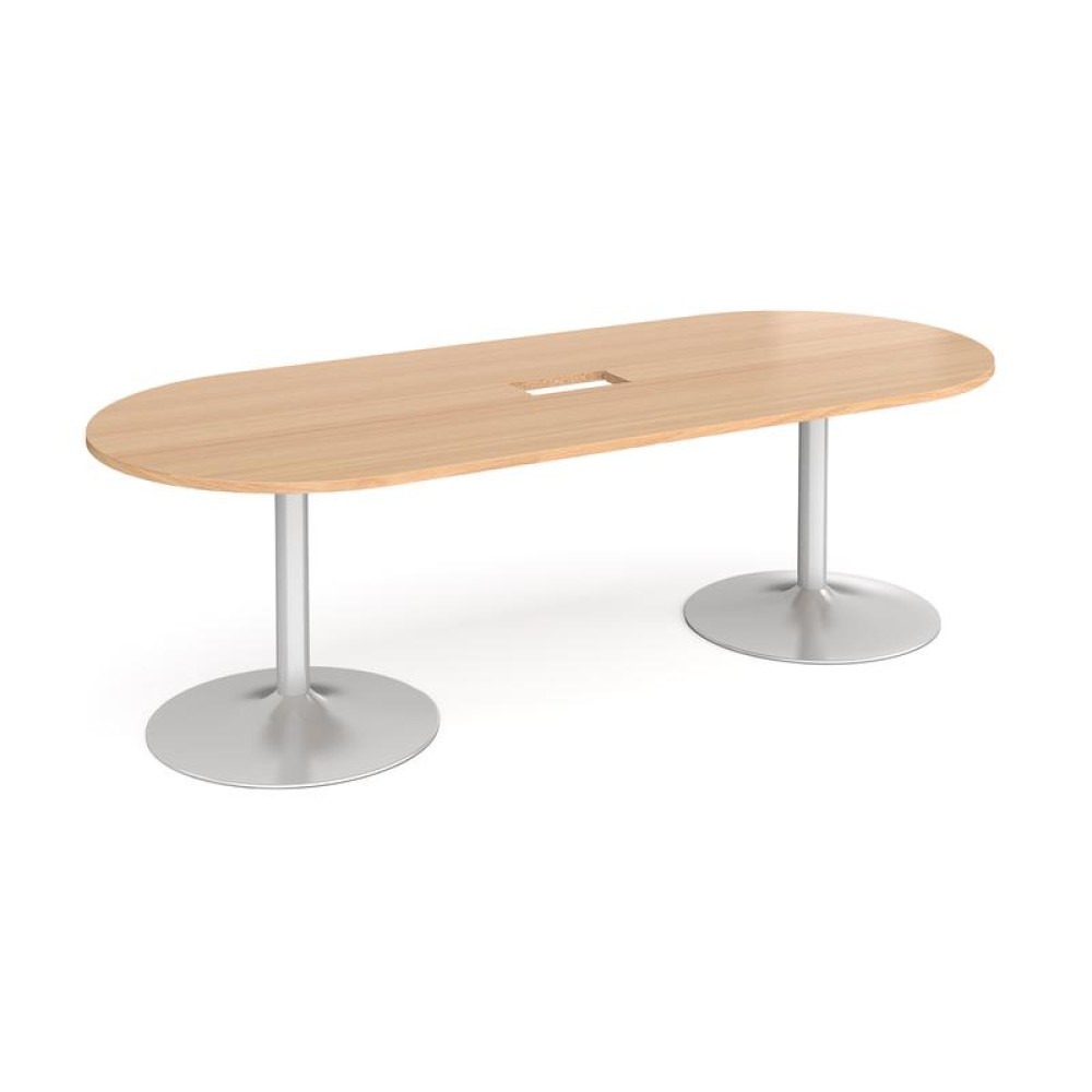 Trumpet base radial end boardroom table 2400mm x 1000mm with central cutout 272mm x 132mm - silver base, beech top