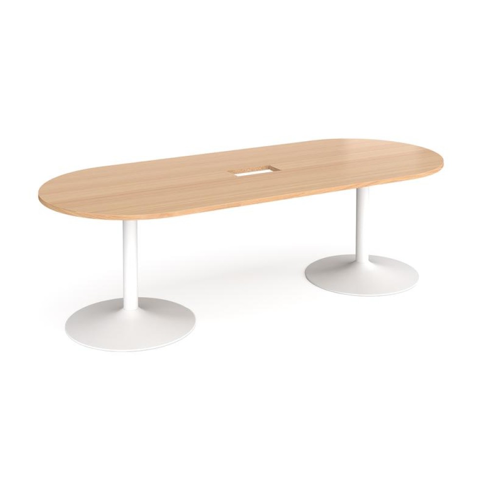 Trumpet base radial end boardroom table 2400mm x 1000mm with central cutout 272mm x 132mm - white base, beech top