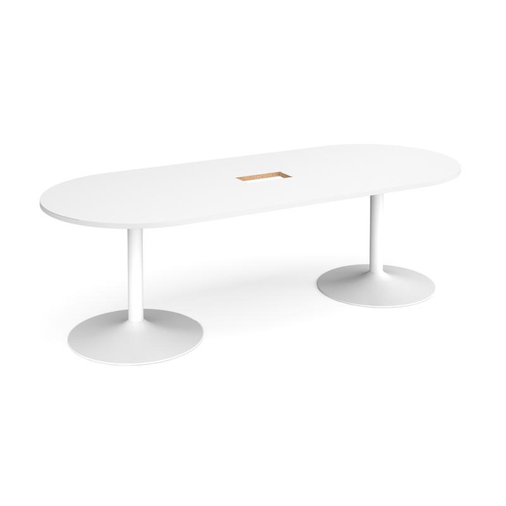 Trumpet base radial end boardroom table 2400mm x 1000mm with central cutout 272mm x 132mm - white base, white top