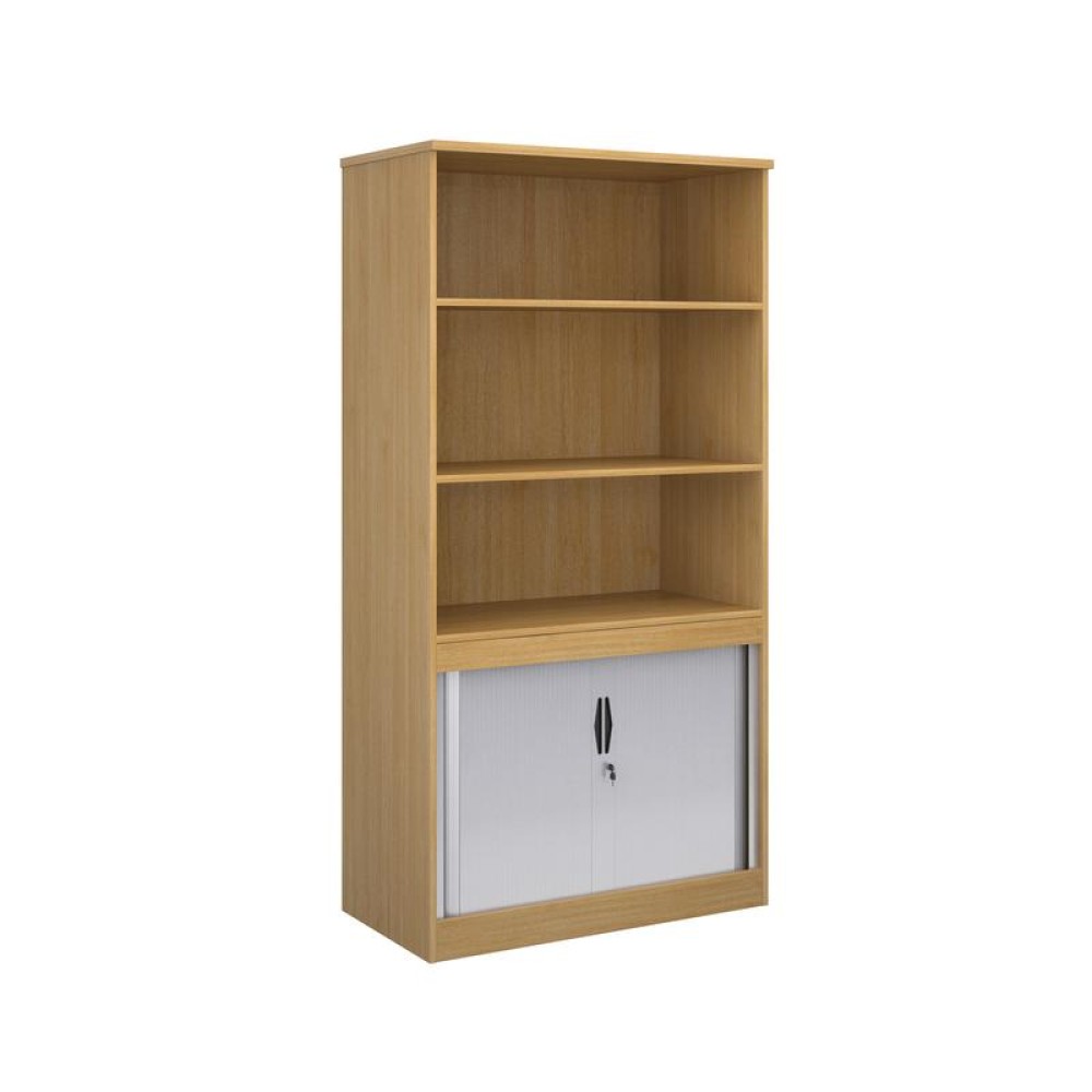 Systems combination unit with tambour doors and open top 2000mm high with 2 shelves - oak
