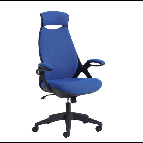 Finish: Blue, Arms: Pivot Arms, Base Type: Black 5 Star, Back Style: Fabric