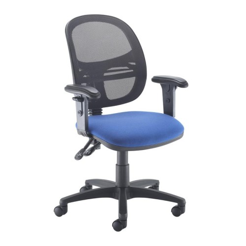 Finish: Blue, Arms: Height Adjustable Arms, Base Type: Black 5 Star, Back Style: Mesh