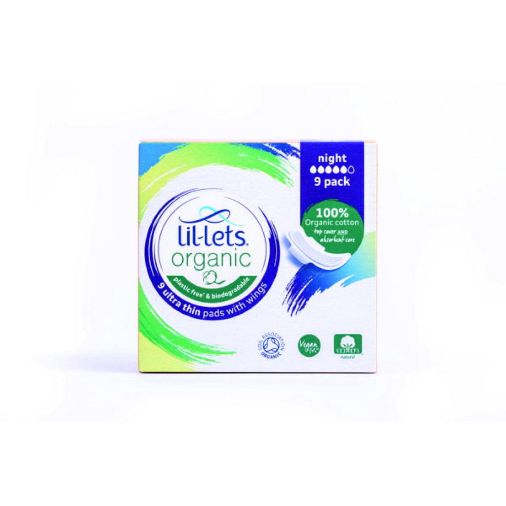 Lil-Lets Organic Sanitary Pads Ultra Thin with Wings Night x9 (Pack of 24) 94ORGNI9